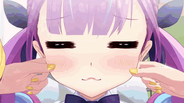 a close up of a girl with purple hair making a face