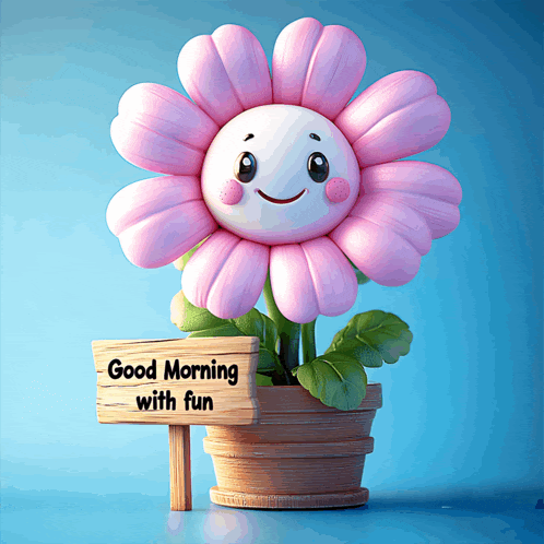 a pink flower in a pot has a sign that says good morning with fun