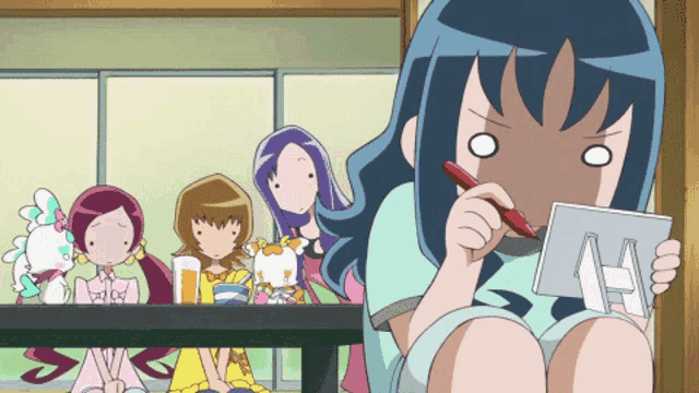 a girl with blue hair is holding a red pen