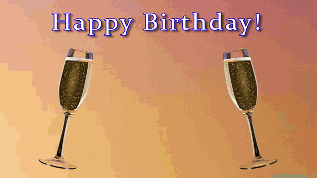 a happy birthday card with two glasses of champagne on it