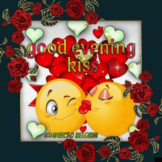 a good evening kiss card with two smiley faces kissing