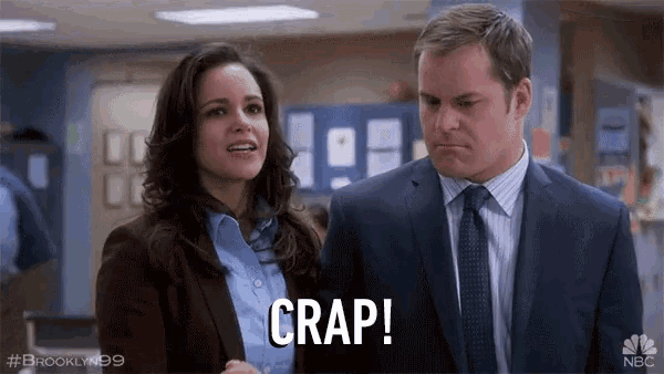 a man and a woman are standing next to each other and the woman is saying crap