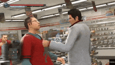 two men are fighting in a video game in a convenience store ..