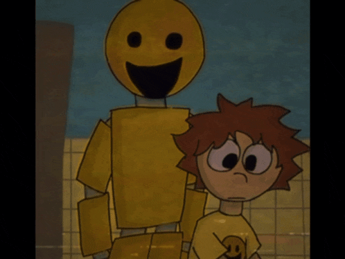 a cartoon drawing of a boy and a robot with a smiley face on their faces
