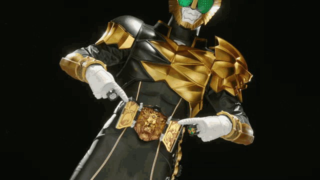 a person is holding a gold belt with a lion head on it