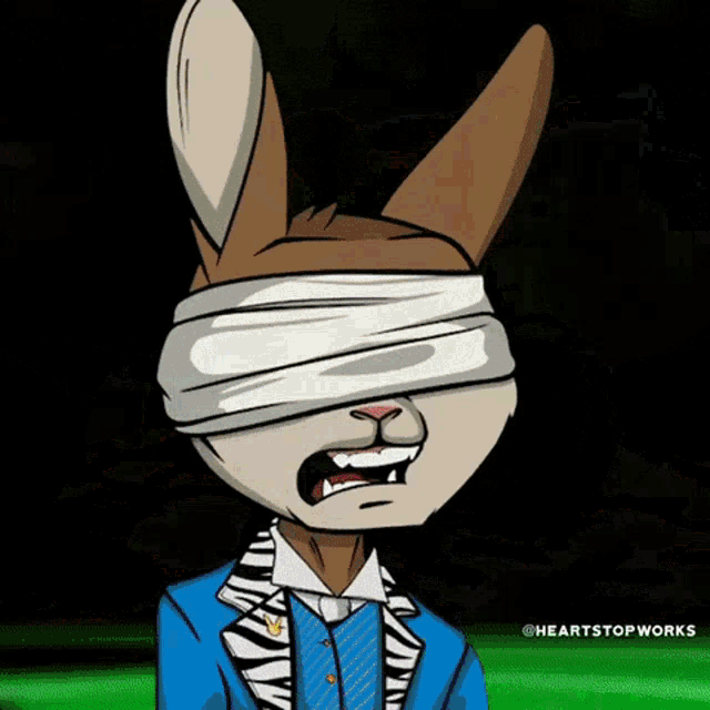 a cartoon of a blindfolded rabbit with a heart stop works logo
