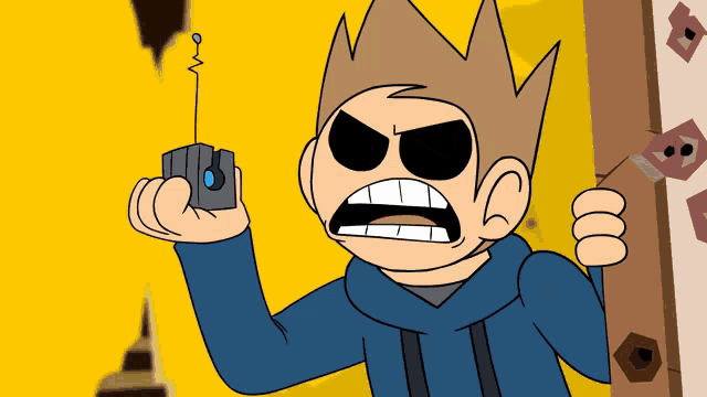 a cartoon character is holding a remote control and making a funny face