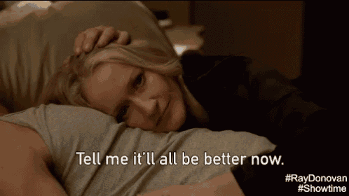 a woman laying on a man 's chest with the words tell me it 'll all be better now