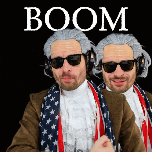 two men wearing wigs and sunglasses are standing in front of a black background with the word boom on it