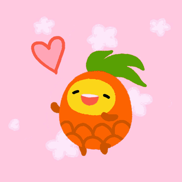 a cartoon drawing of a pineapple with a heart and flowers around it