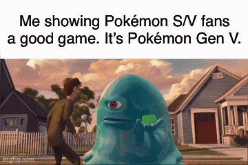 a cartoon of a man walking in front of a house with a pokemon s/v fan in the background