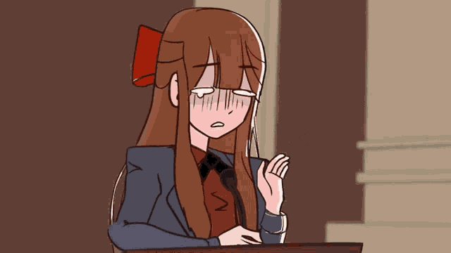a cartoon of a girl with long brown hair and a red bow in her hair
