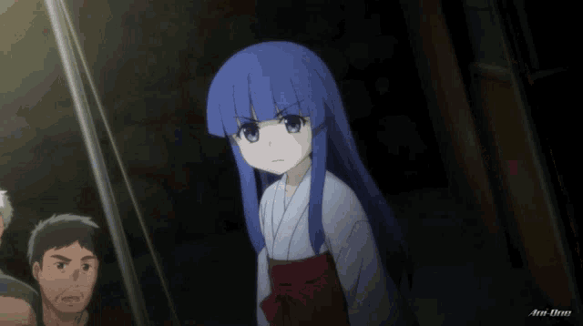 a girl with blue hair is standing in front of a group of people and the word anime is on the bottom