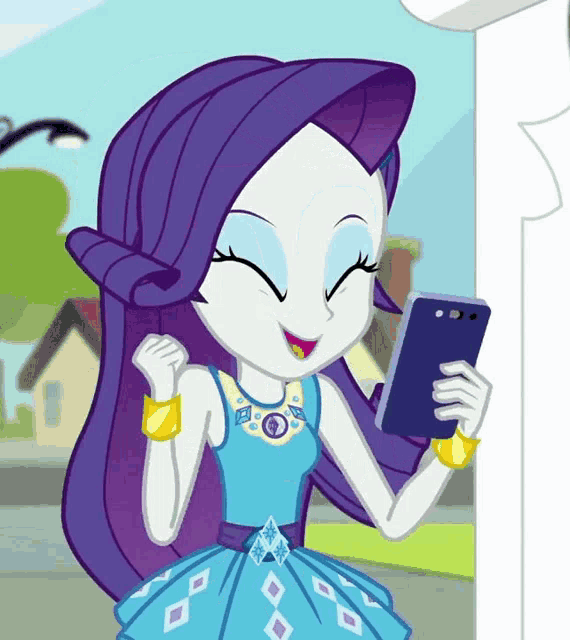 a girl in a blue dress is holding a cell phone
