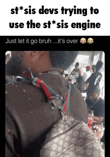 a person with a backpack on their back with a caption that says st sis devs