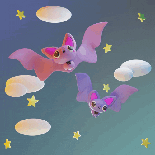 two cartoon bats are flying in the night sky