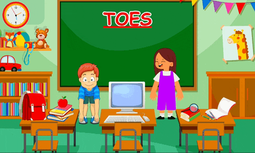 a boy and a girl are standing in front of a computer in a classroom with the word toes above them