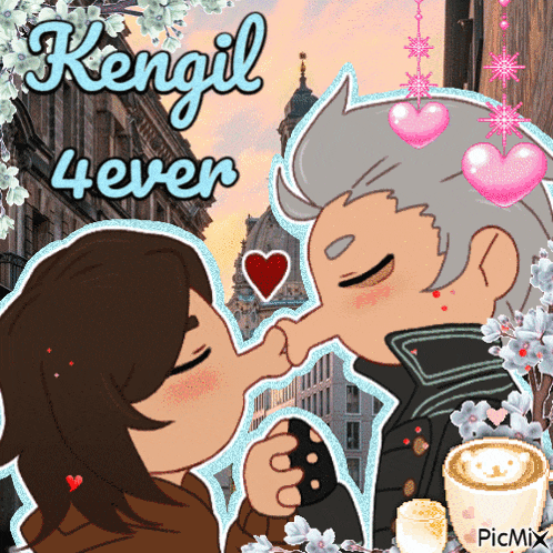 a cartoon of a man kissing a woman 's hand with the words " kengil 4ever " written above them