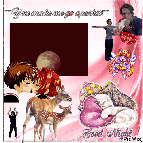 a picture of a man kissing a girl with the words " you make me go apeshit " on the bottom