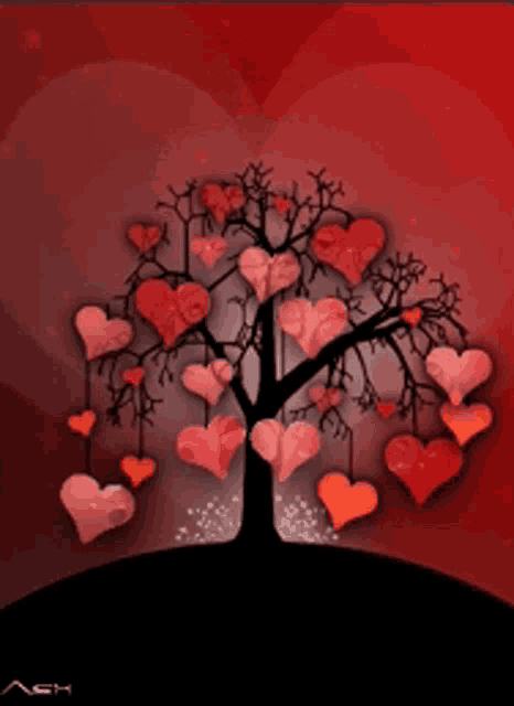 a tree with hearts hanging from the branches and the word ash on the bottom