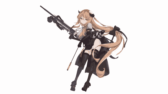 a girl with horns is holding a rifle