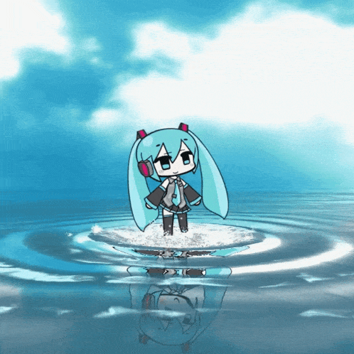 a cartoon of hatsune miku standing in the water with her reflection