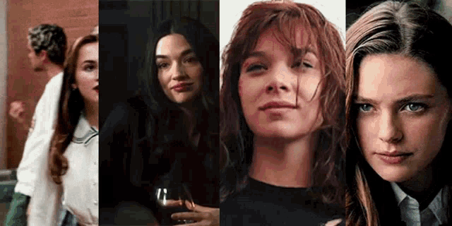a collage of four different women 's faces with one holding a wine glass