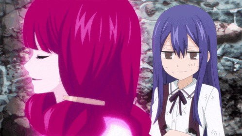 a girl with red hair and a girl with blue hair