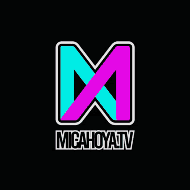 a logo for mica hoyatv with a pink and blue letter m on a black background