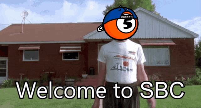 a man standing in front of a house with the words welcome to sbc written below him