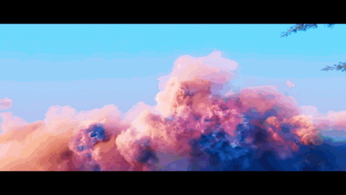 a painting of pink and blue clouds in the sky