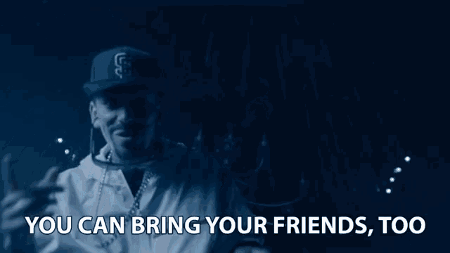 a video of a man dancing with the words " you can bring your friends too " on the bottom