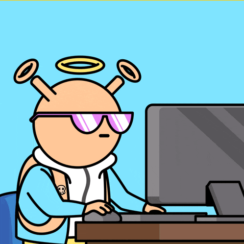 a cartoon character wearing sunglasses and a halo looks at a computer screen