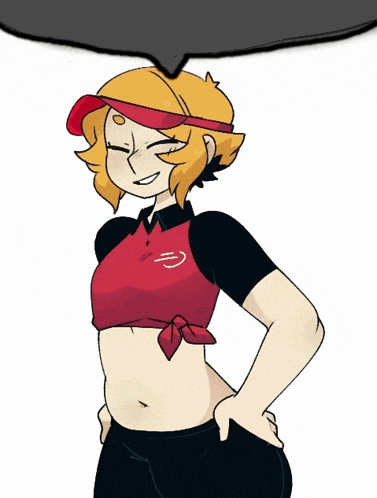 a cartoon drawing of a girl wearing a visor and a red shirt
