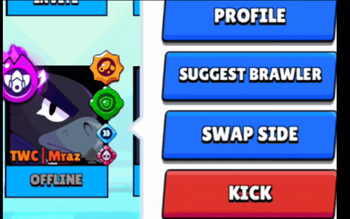 a screenshot of a game that says profile suggest brawler swap side kick and offline