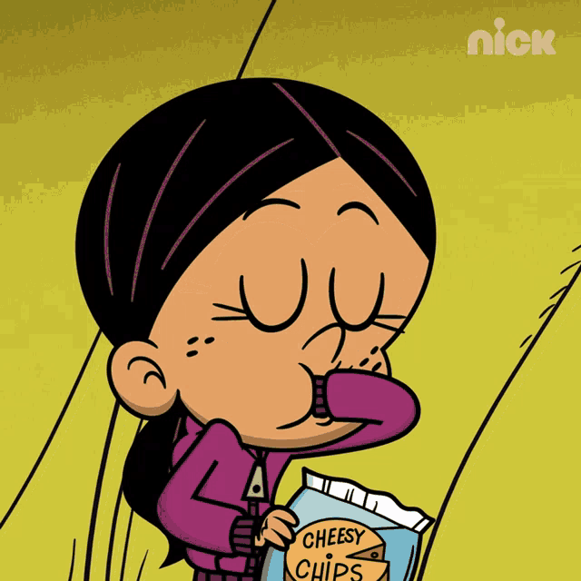 a cartoon character with a bag of cheesy chips