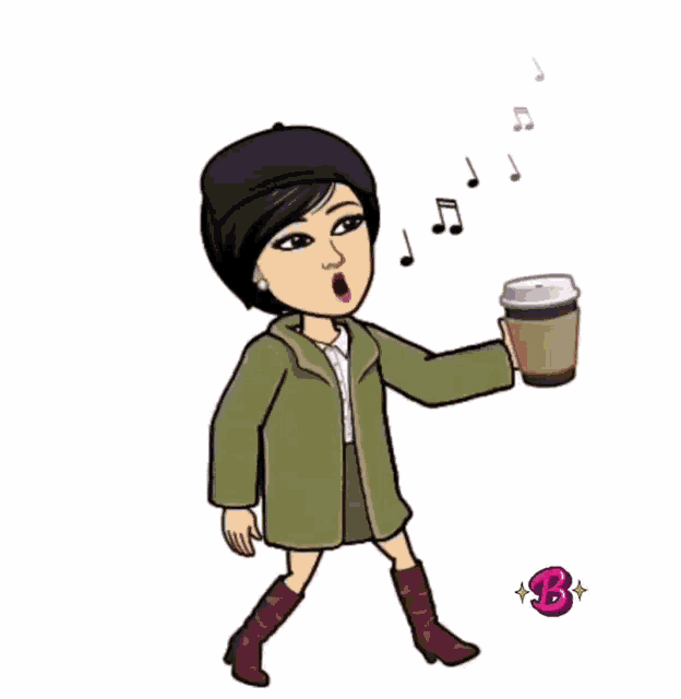 a cartoon of a woman holding a cup of coffee and singing .