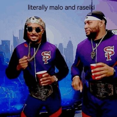 two men standing next to each other with a caption that says literally malo and raseiki