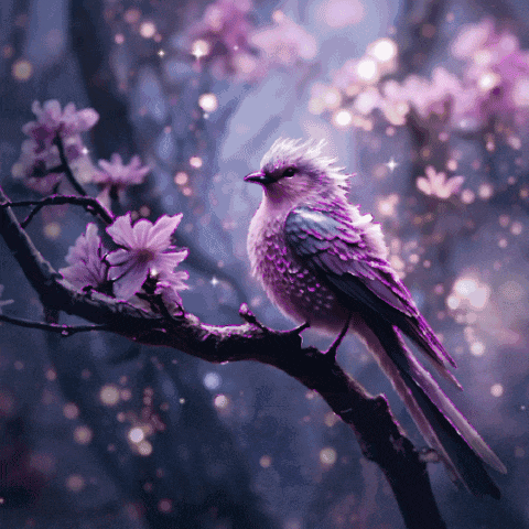 a purple bird perched on a branch with purple flowers