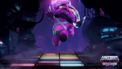 a masters of the universe poster with a purple monster