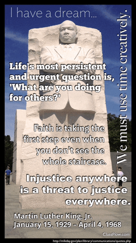 a statue of martin luther king jr. stands in front of a quote