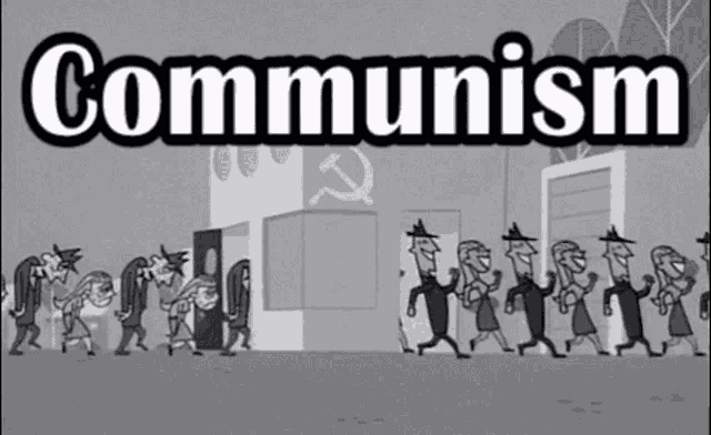 a group of people walking in a line with the word communism on the top