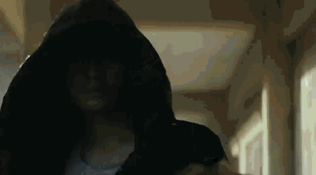 a person wearing a black hooded jacket is walking down a hallway .
