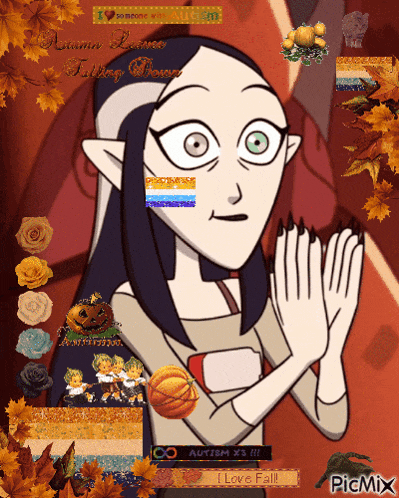 a picture of a cartoon character with autumn leaves behind her