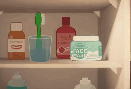 a jar of face mask sits on a shelf next to a bottle of mouthwash and a toothbrush
