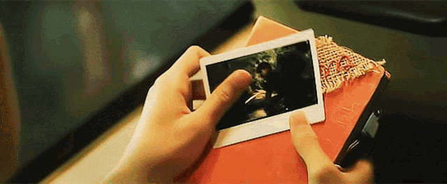 a person is holding a polaroid picture in their hand and pointing at it .
