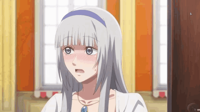 a girl with long white hair and blue eyes is standing in front of a door .