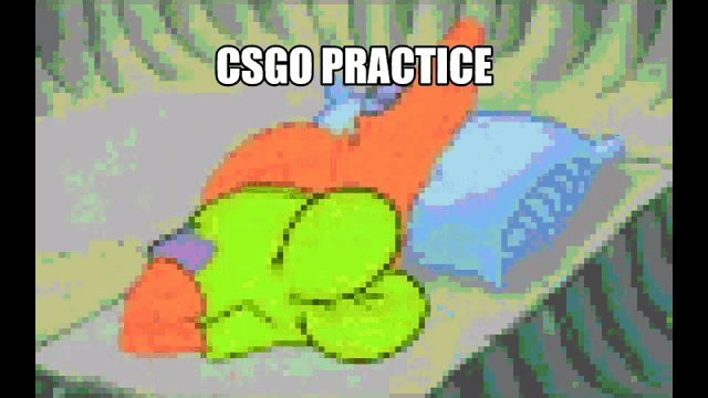 a pixel art drawing of patrick star laying on a bed with the words csgo practice written above him