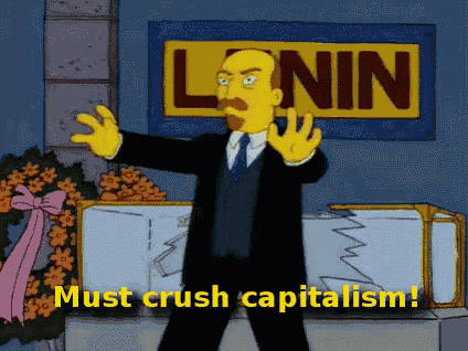 a cartoon character standing in front of a lenin sign