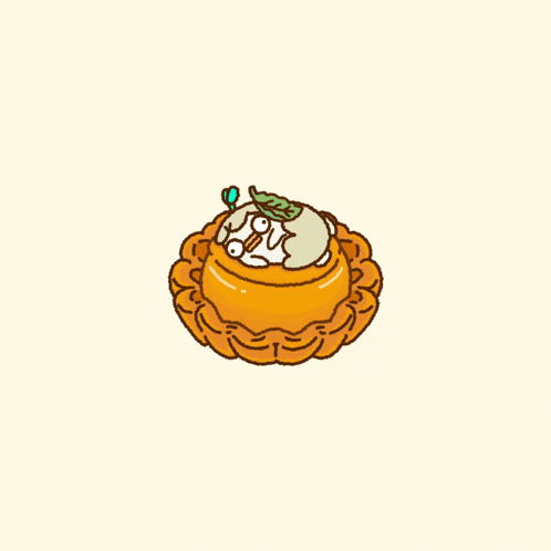a cartoon drawing of a pumpkin pie with a cat sleeping on top of it